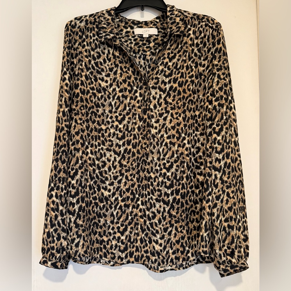 LOFT Leopard Print Collared Long-Sleeve Blouse in Tan and Black